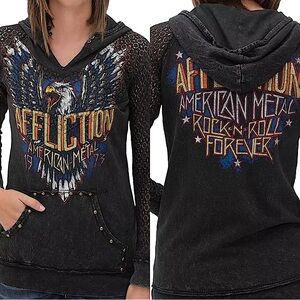 AFFLICTION: BORN TO RUN Crochet Sleeved Hooded Pullover Sweatshirt -Large